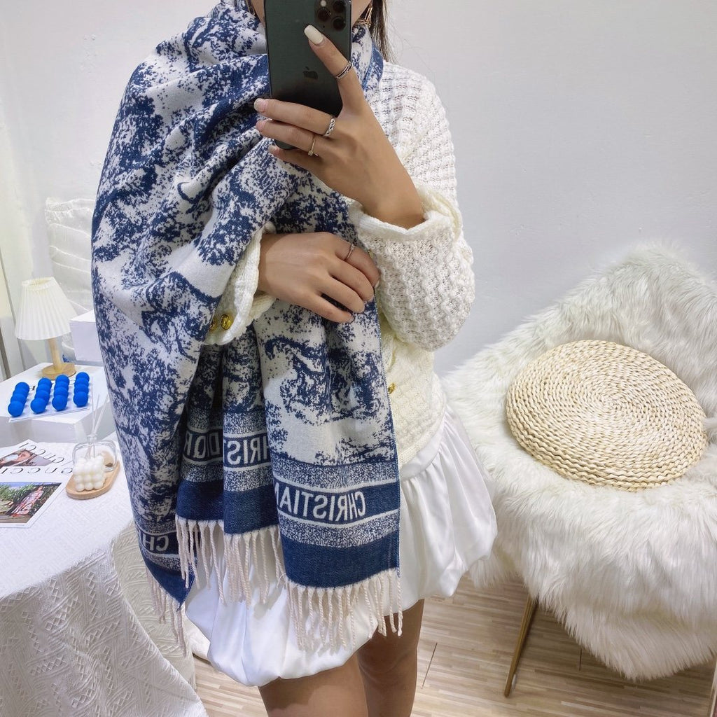 Dior Blue & White Toile Fringed Scarf product image 4, provided for visual reference and product detail review