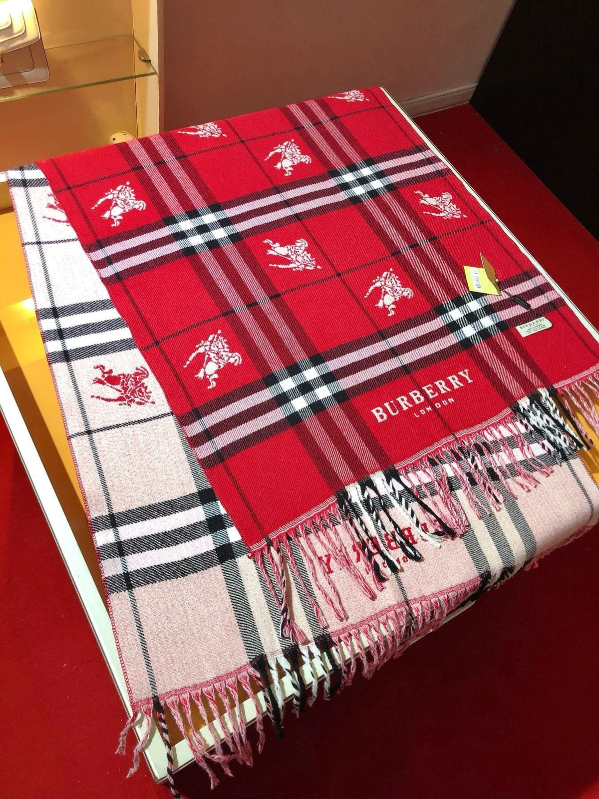 Burberry Woven-Motif Plaid Fringed Scarf product image 3, provided for visual reference and product detail review