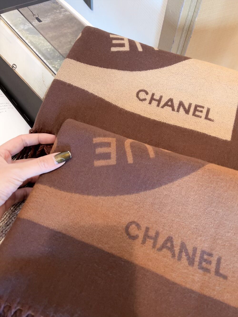 Chanel Brown Beige Fringed Scarf product image 4, provided for visual reference and product detail review