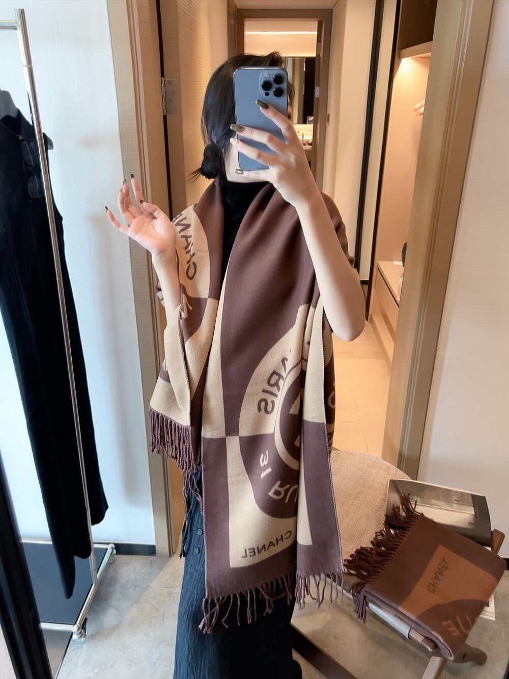 Chanel Fringed Logo Scarf Shawl product image 3, provided for visual reference and product detail review