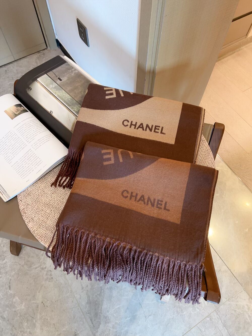 Chanel Fringed Logo Scarf Shawl product image 1, provided for visual reference and product detail review