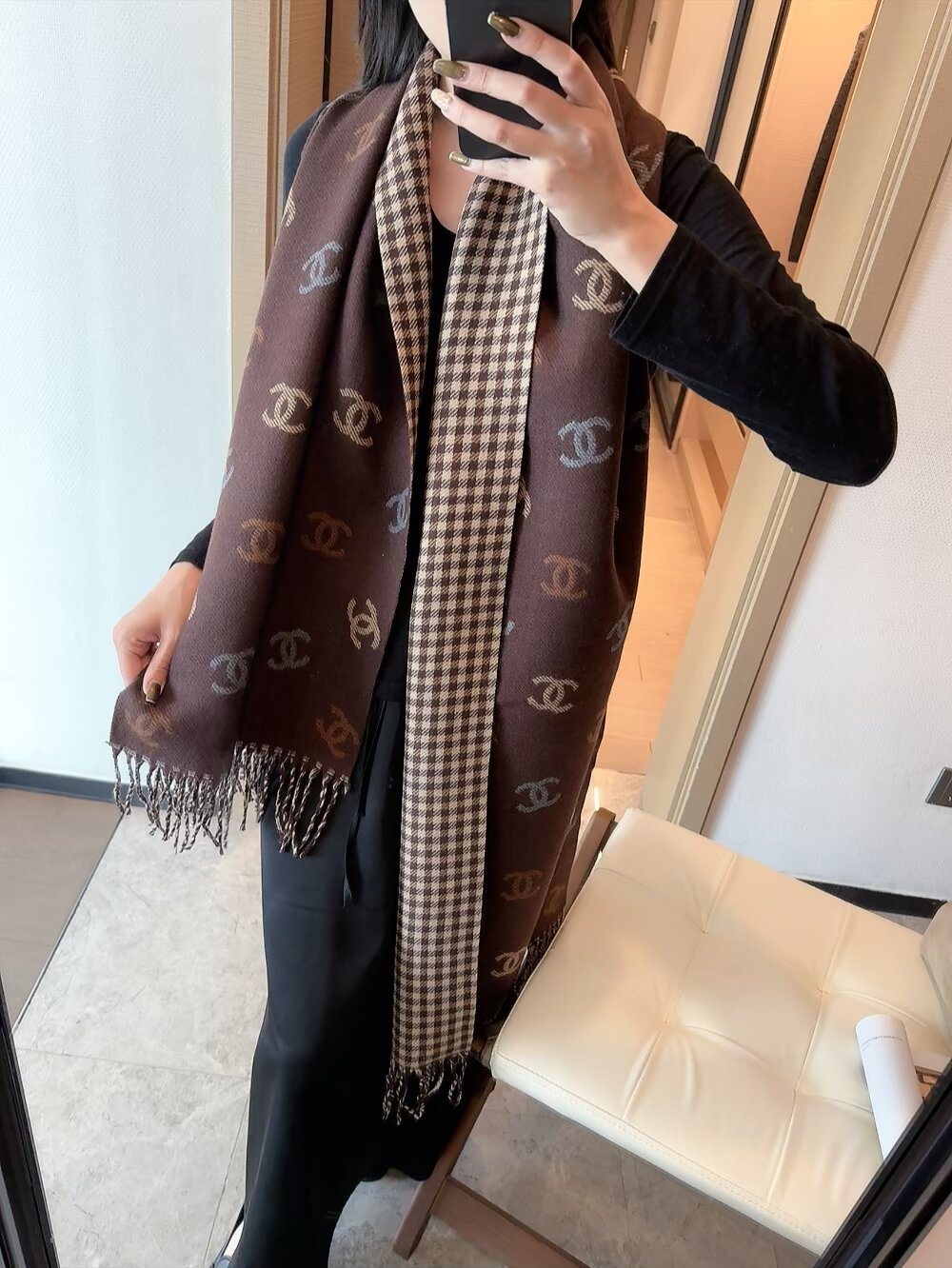 Chanel Reversible Interlocking-C Fringe Scarf product image 2, provided for visual reference and product detail review