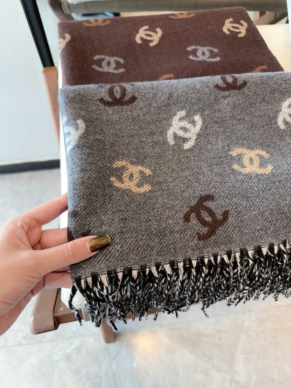 Chanel Reversible Interlocking-C Fringe Scarf product image 8, provided for visual reference and product detail review