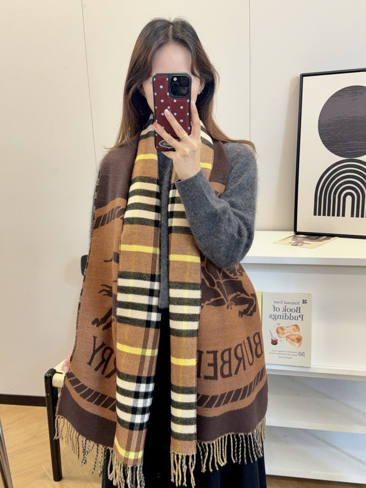 Burberry Brown Plaid Equestrian Graphic Scarf product image 4, provided for visual reference and product detail review