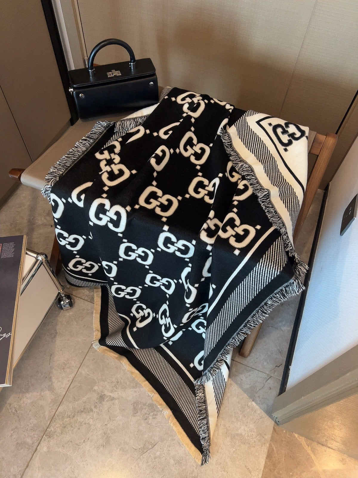 Gucci Black and Ivory Monogram Square Scarf product image 2, provided for visual reference and product detail review