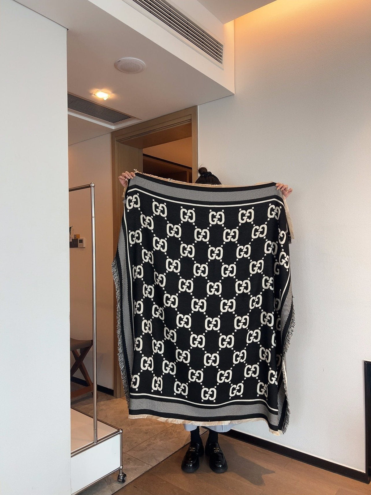 Gucci Black and Ivory Monogram Square Scarf product image 3, provided for visual reference and product detail review
