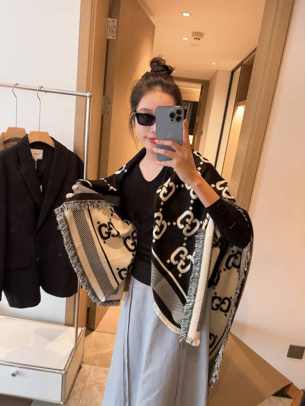 Gucci Black and Ivory Monogram Square Scarf product image 4, provided for visual reference and product detail review