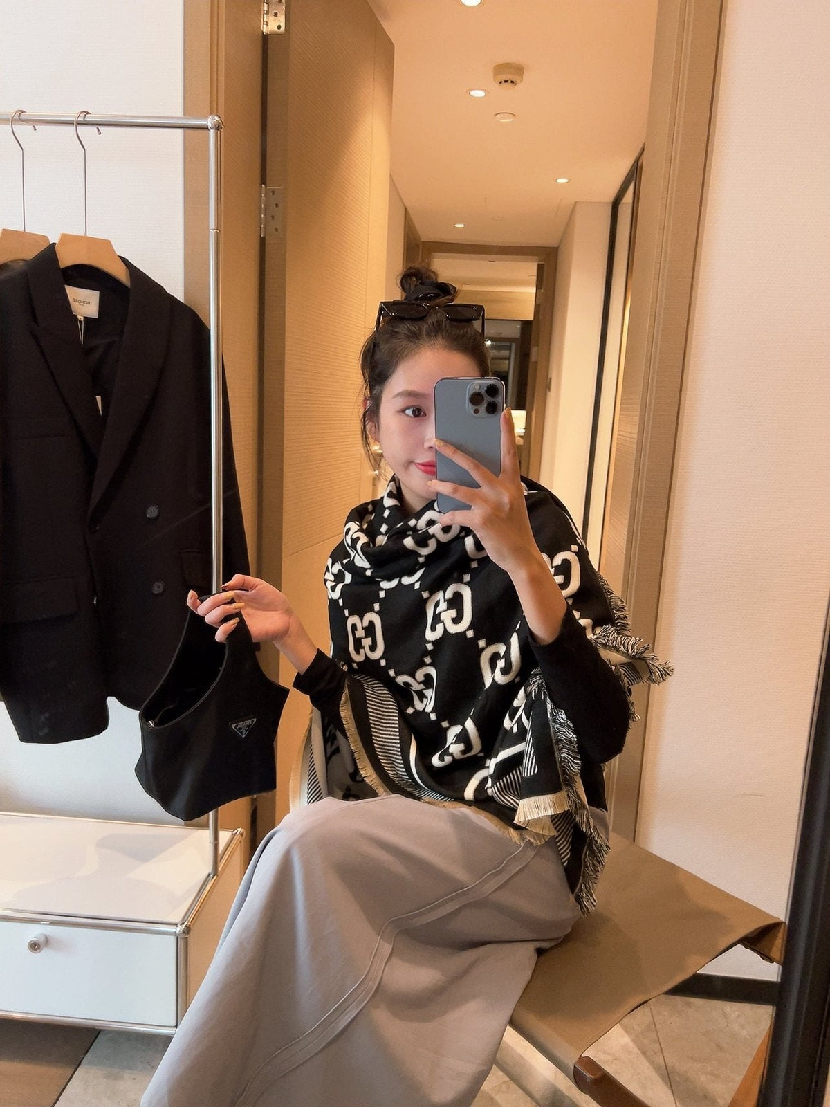 Gucci Black and Ivory Monogram Square Scarf product image 6, provided for visual reference and product detail review
