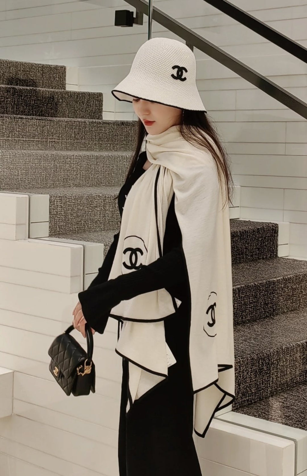 Chanel Reversible Contrast Trim Scarf Shawl product image 2, provided for visual reference and product detail review