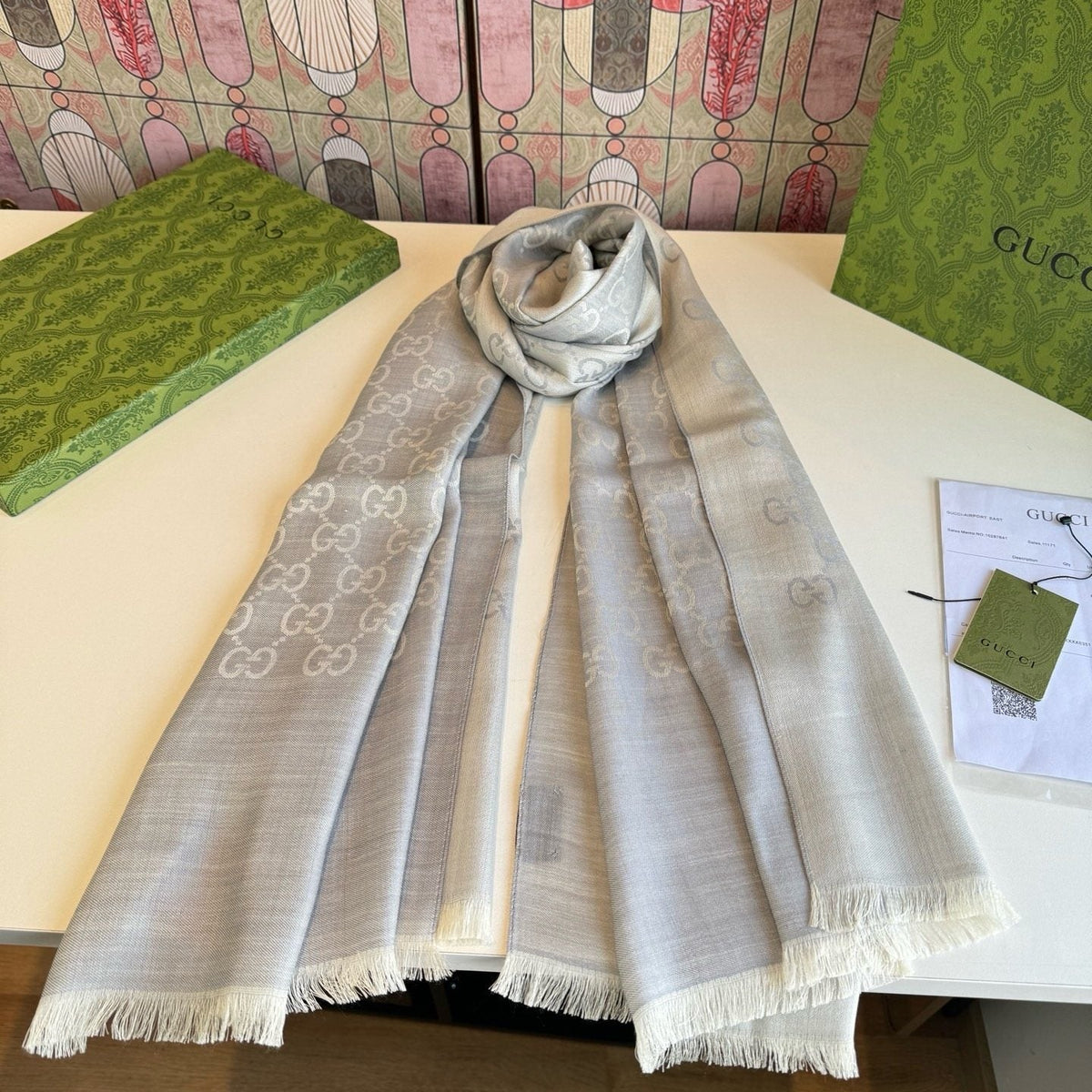 Gucci Fringed Monogram Scarf product image 5, provided for visual reference and product detail review
