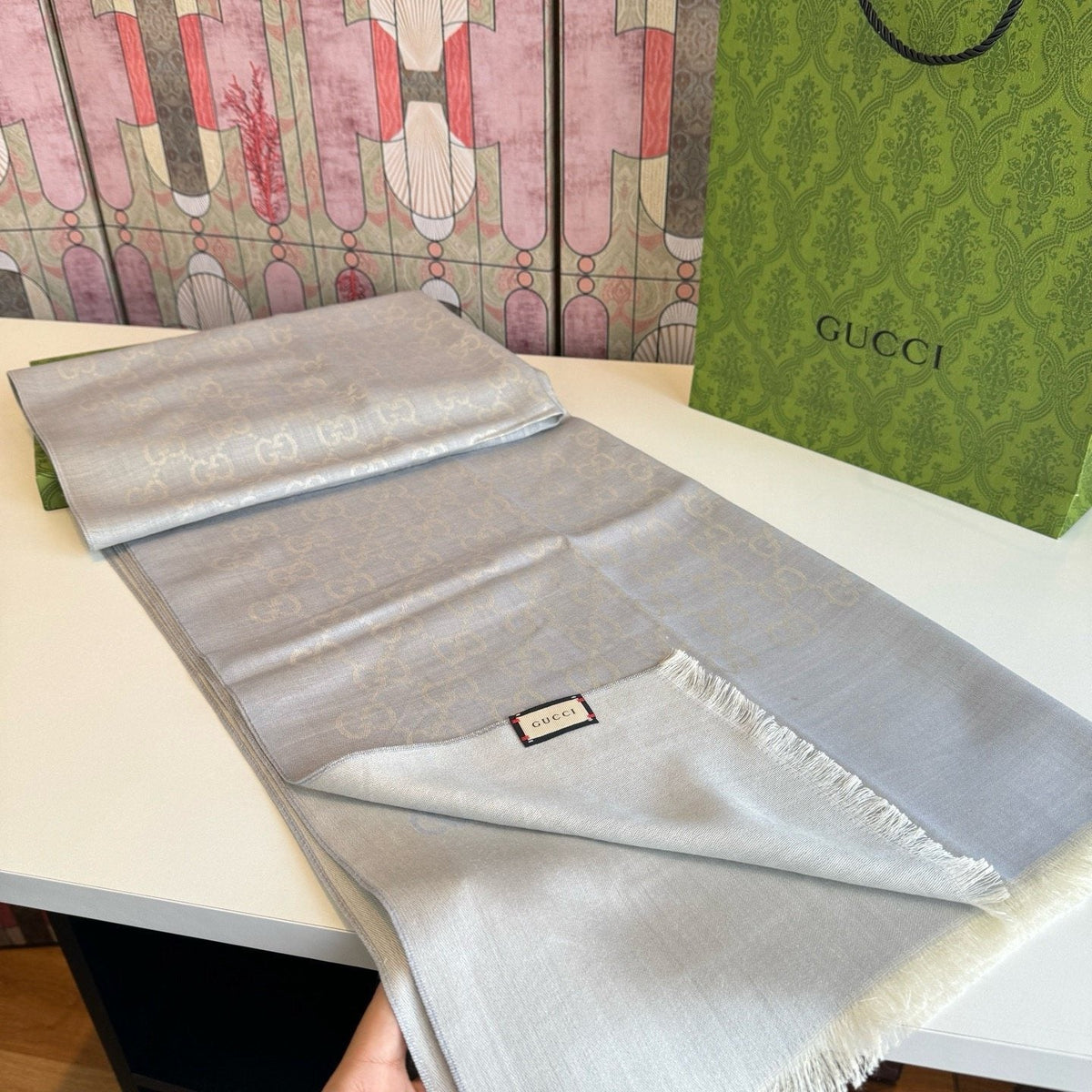 Gucci Reversible Monogram Fringe Scarf product image 8, provided for visual reference and product detail review