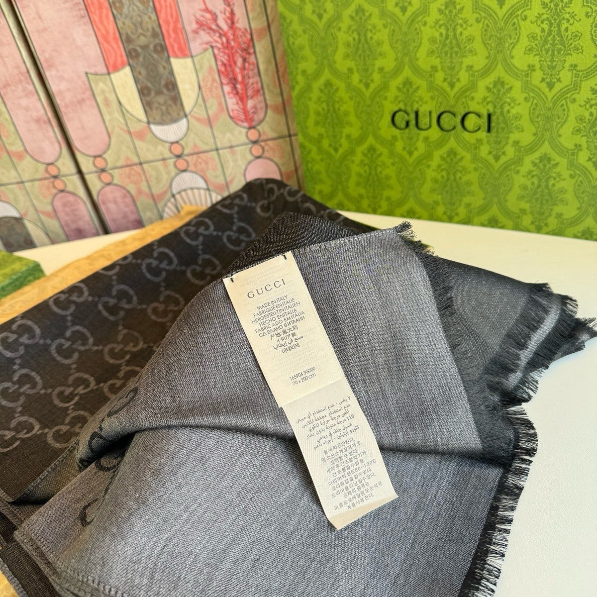 Gucci Reversible Monogram Fringe Scarf product image 10, provided for visual reference and product detail review