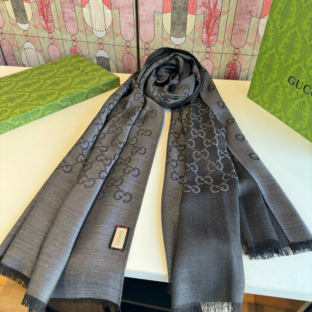 Gucci Reversible Monogram Fringe Scarf product image 2, provided for visual reference and product detail review