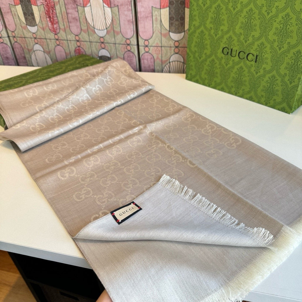 Gucci Reversible Monogram Fringe Scarf product image 9, provided for visual reference and product detail review