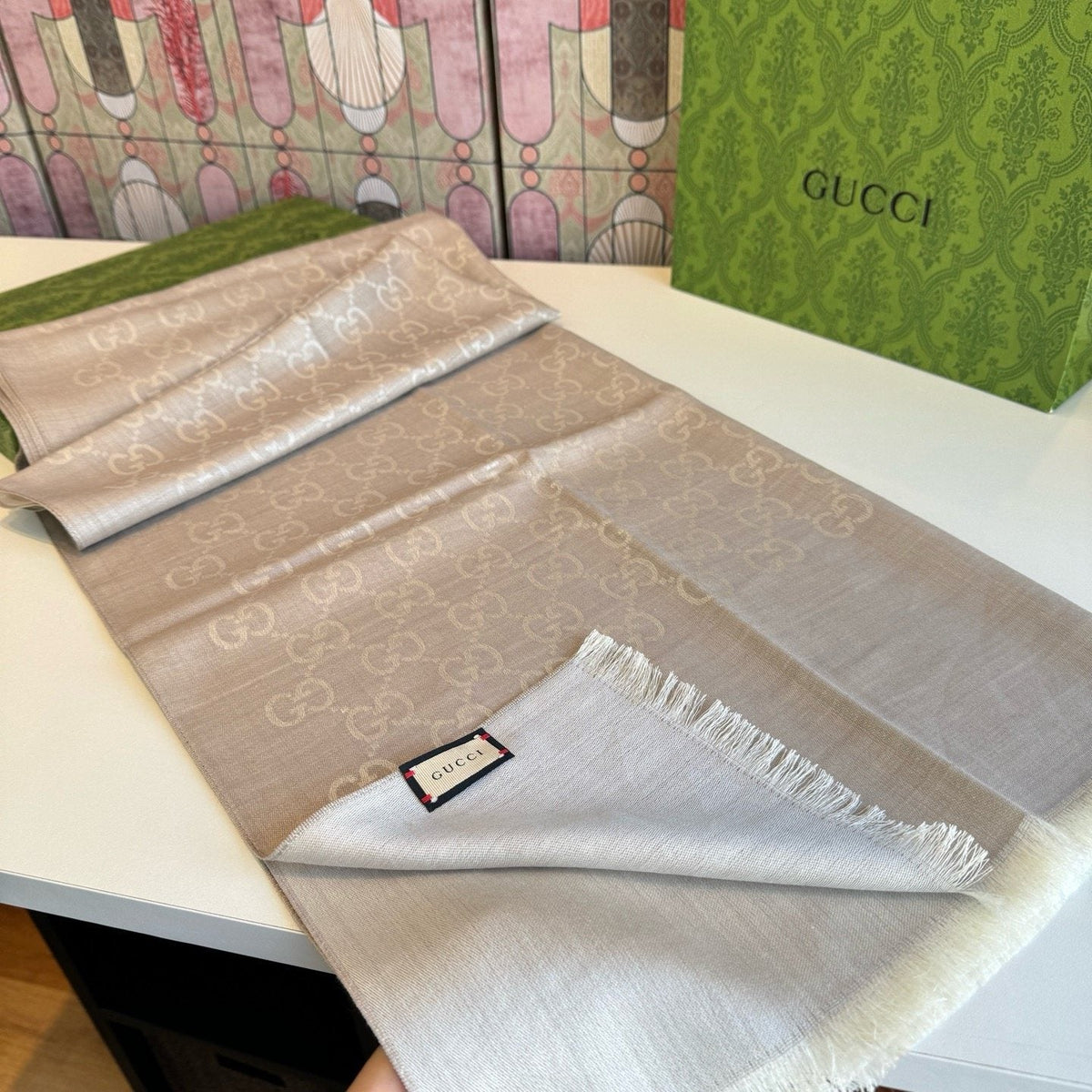 Gucci Reversible Monogram Fringe Scarf product image 9, provided for visual reference and product detail review