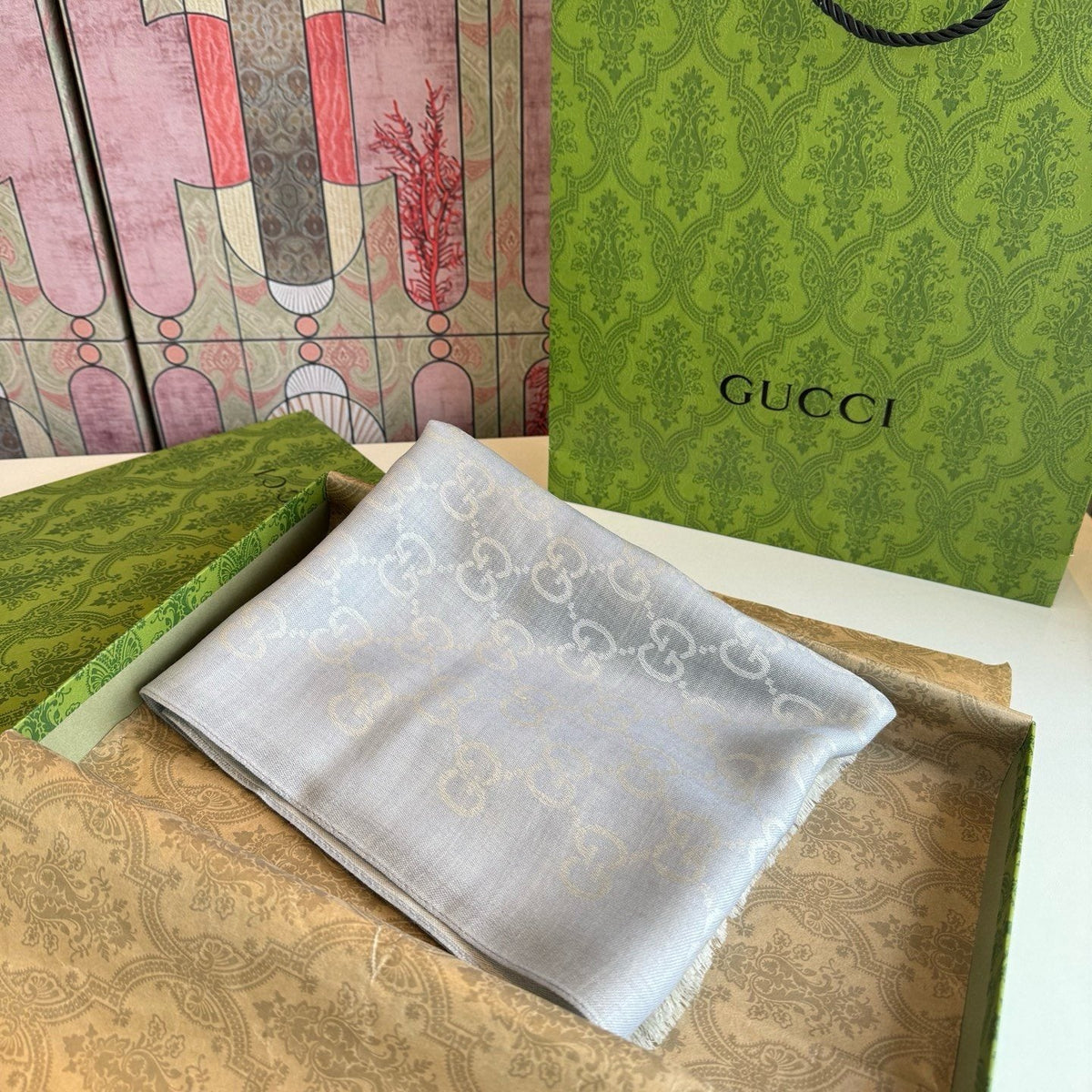 Gucci Reversible Monogram Fringe Scarf product image 12, provided for visual reference and product detail review