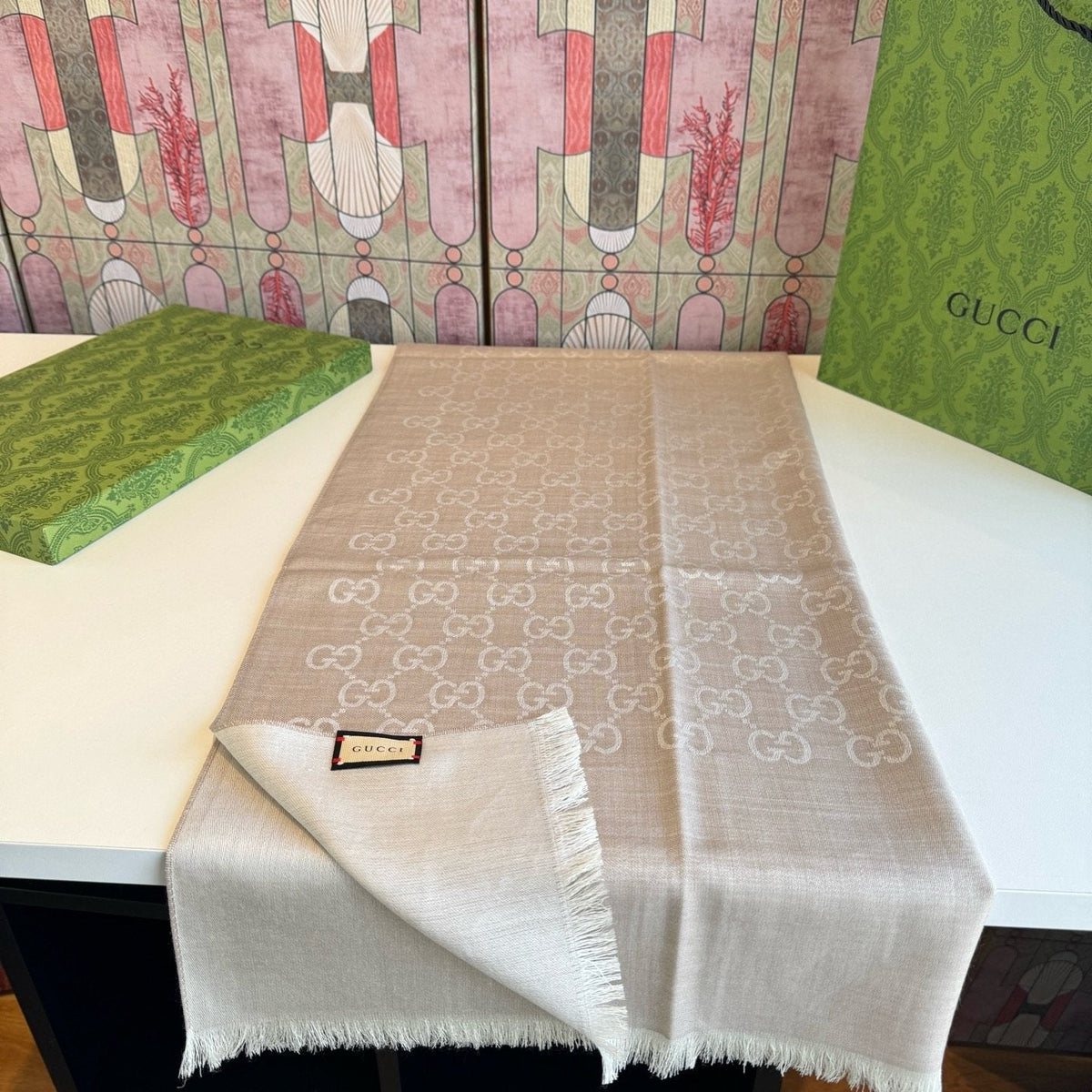 Gucci Reversible Monogram Fringe Scarf product image 7, provided for visual reference and product detail review