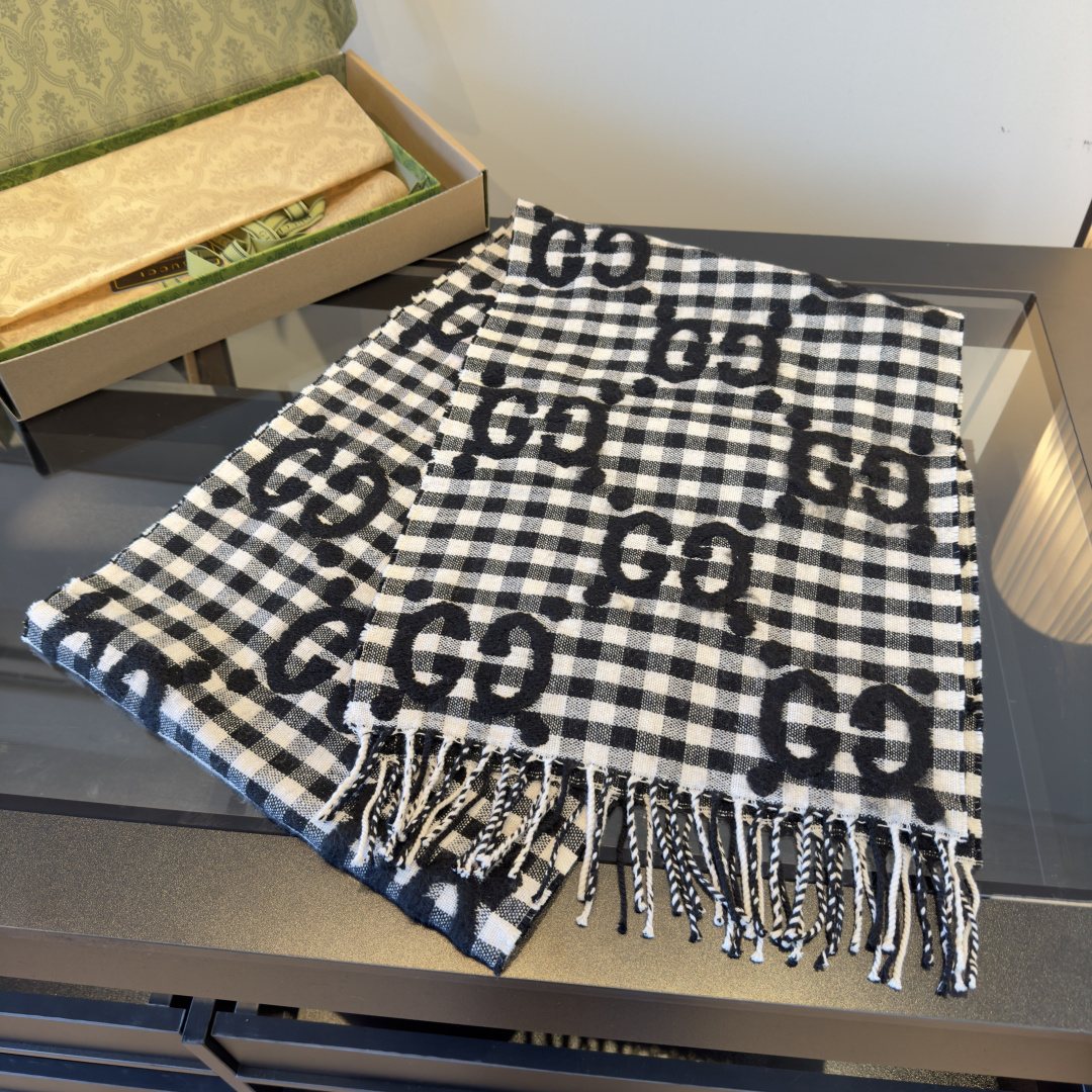Gucci Black and White Checked Fringed Scarf product image 3, provided for visual reference and product detail review