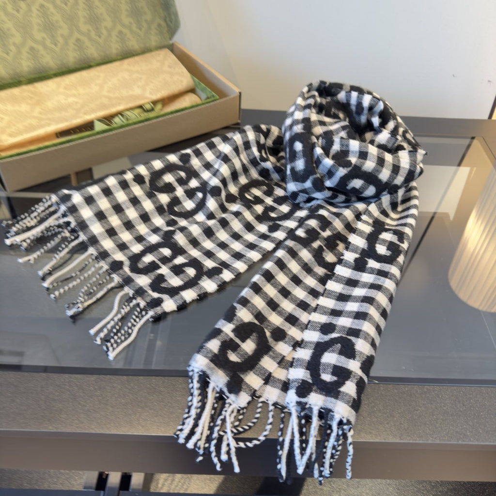 Gucci Black and White Checked Fringed Scarf product image 1, provided for visual reference and product detail review