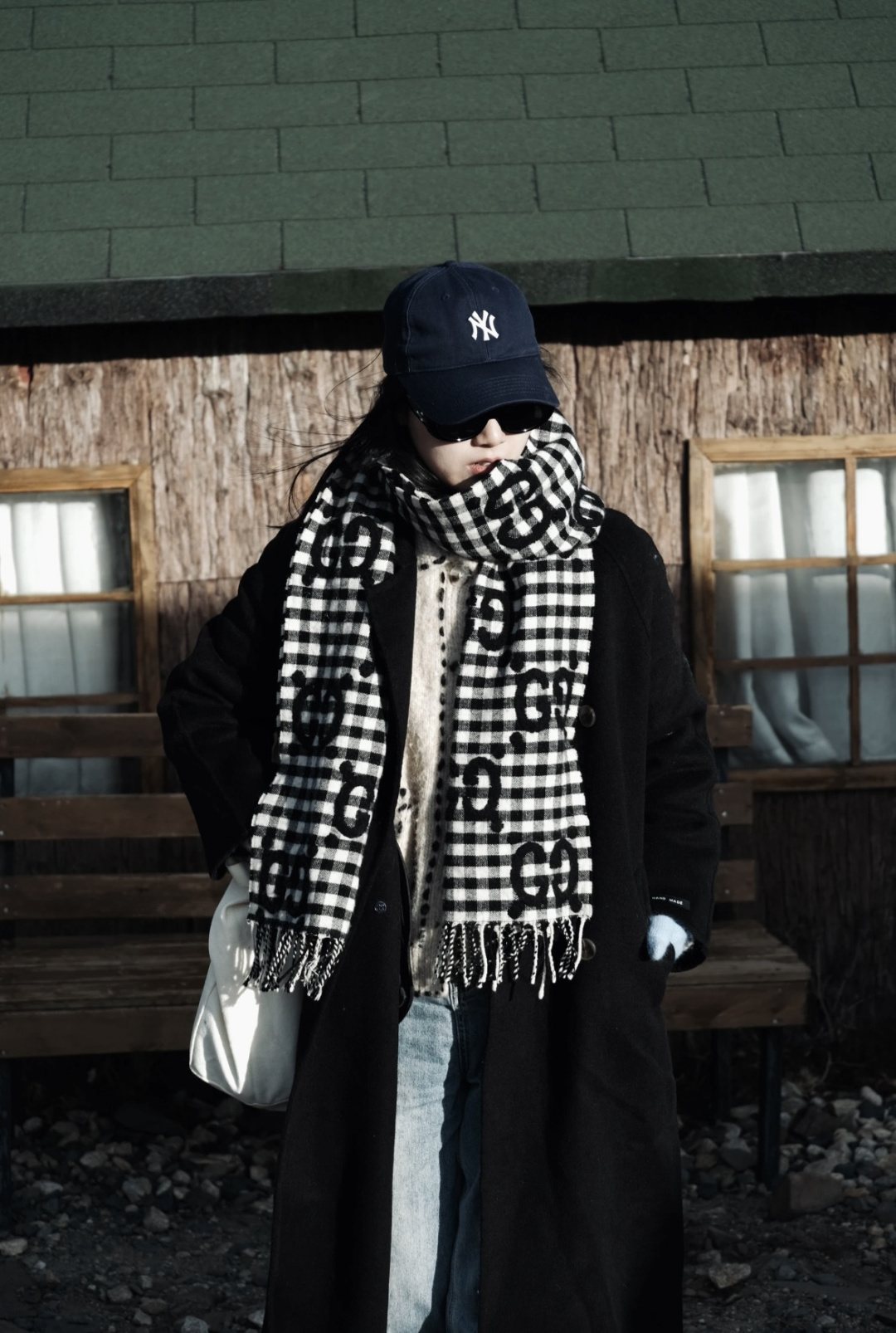 Gucci Black and White Checked Fringed Scarf product image 2, provided for visual reference and product detail review