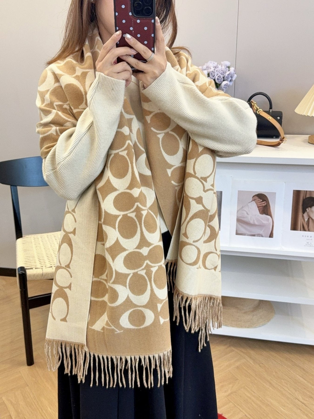 Coach Fringed Woven Motif Scarf product image 6, provided for visual reference and product detail review