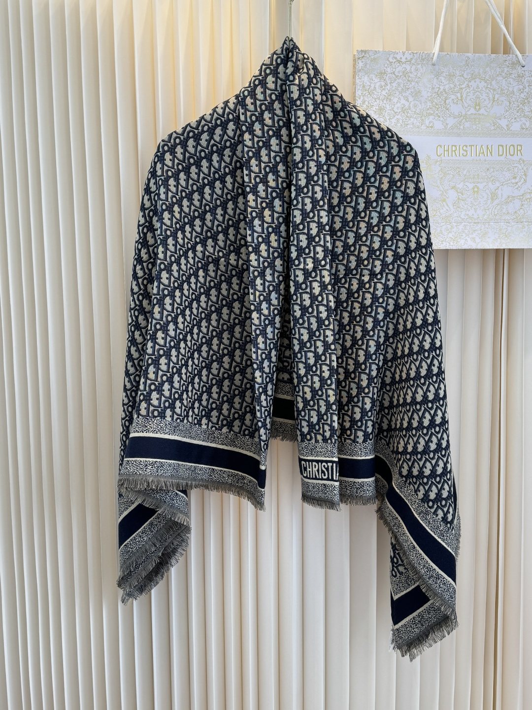 Dior Striped-Border Fringed Square Shawl product image 4, provided for visual reference and product detail review