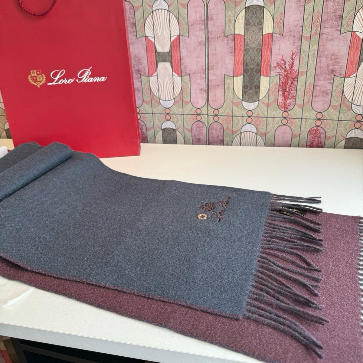 Loro Piana Reversible Scarf with Embroidered Crest product image 1, provided for visual reference and product detail review