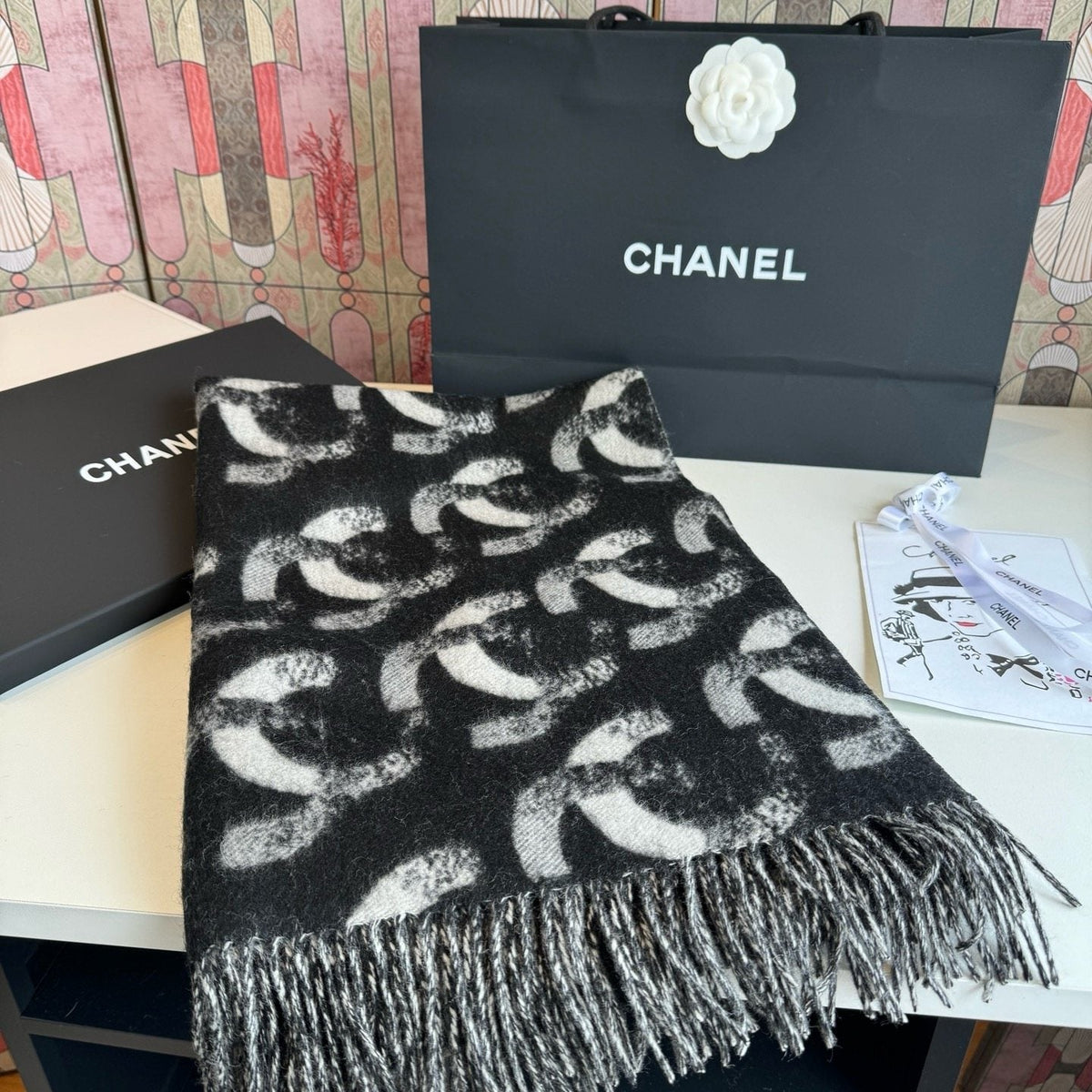 Chanel Black & White Fringed Scarf product image 3, provided for visual reference and product detail review