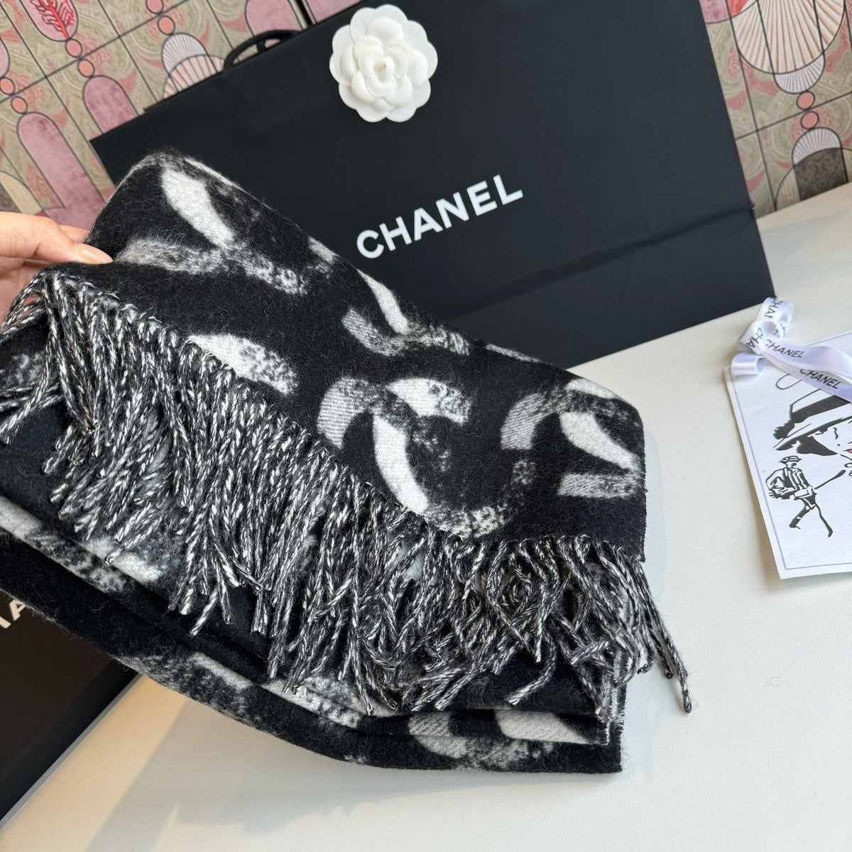 Chanel Black & White Fringed Scarf product image 9, provided for visual reference and product detail review