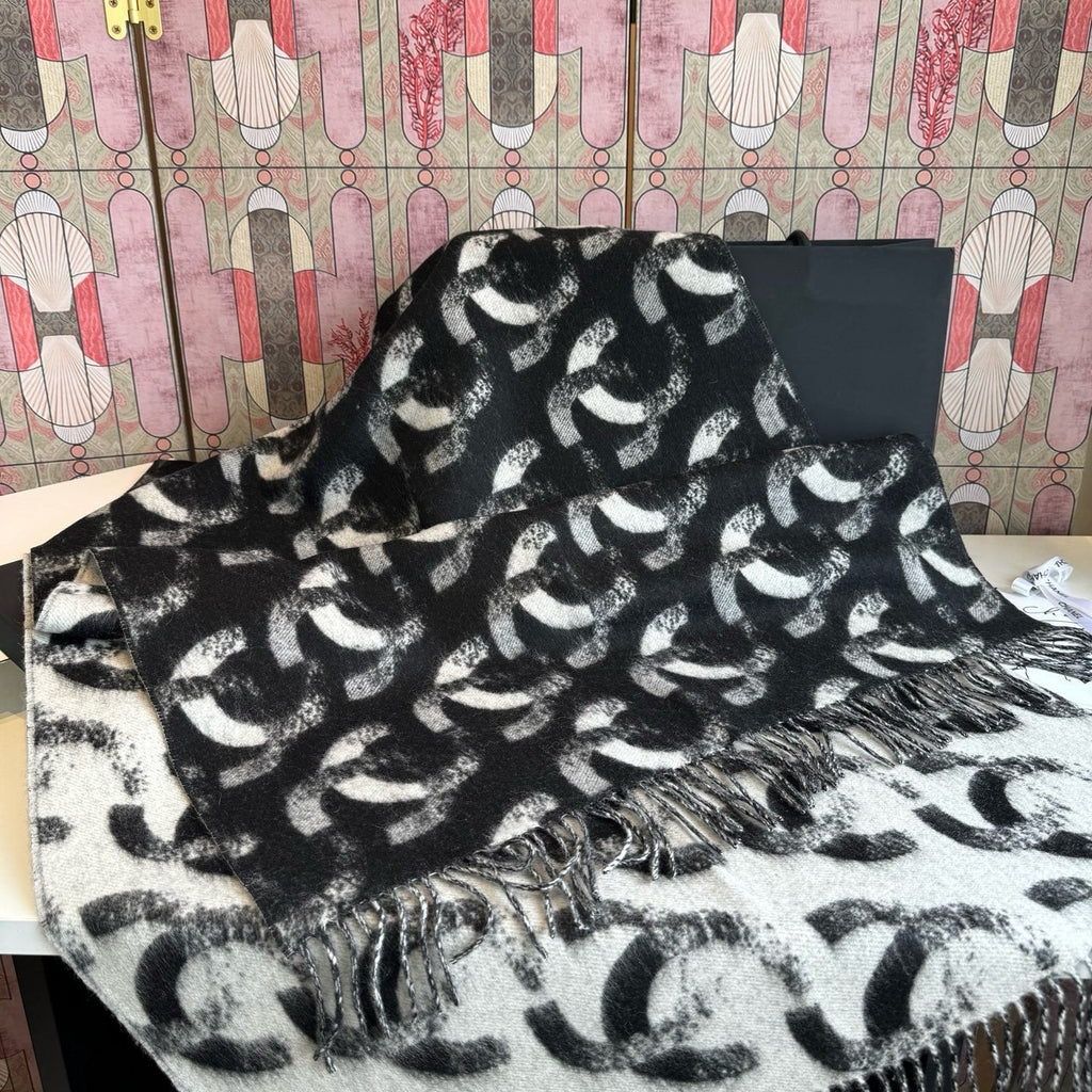 Chanel Black & White Fringed Scarf product image 7, provided for visual reference and product detail review