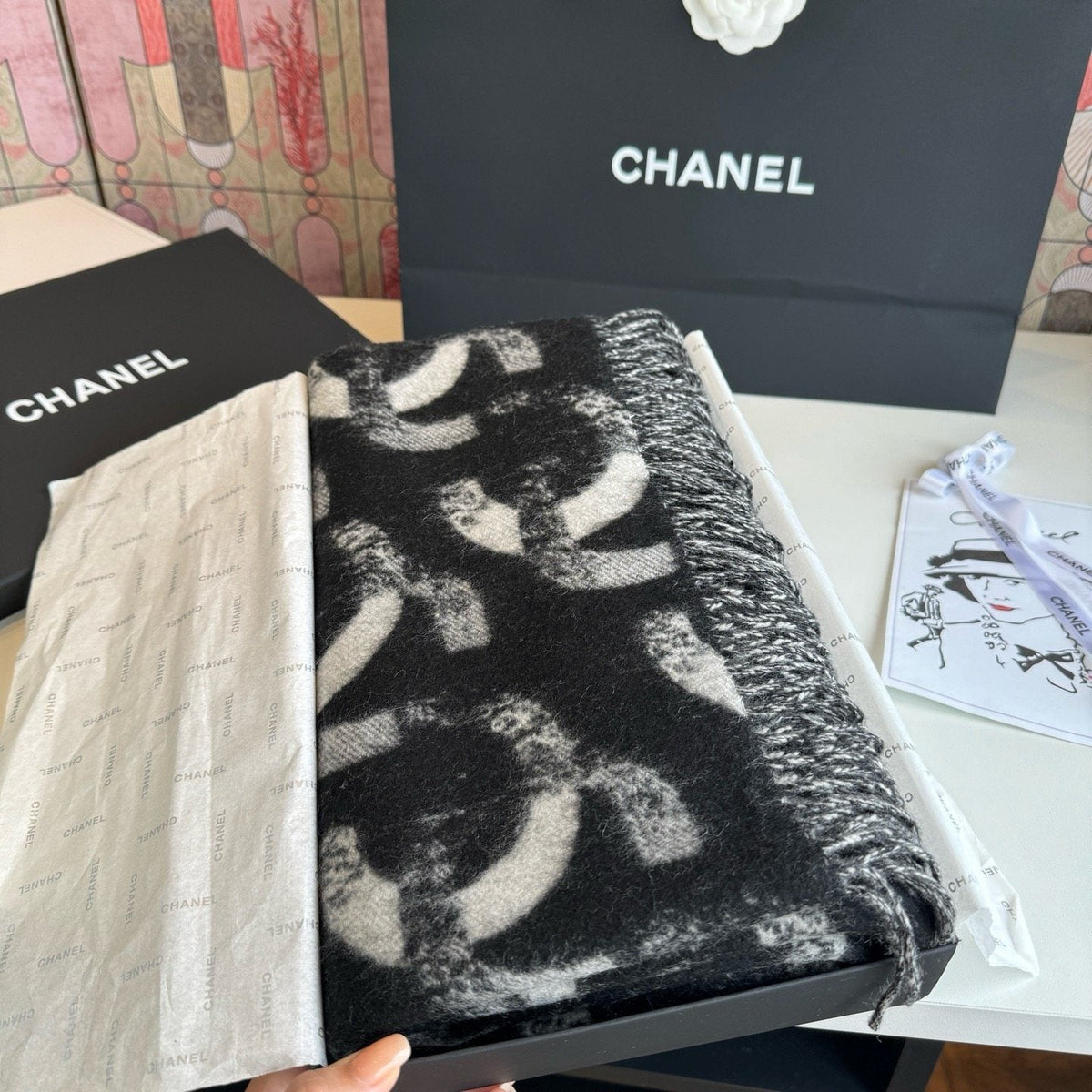 Chanel Black & White Fringed Scarf product image 6, provided for visual reference and product detail review