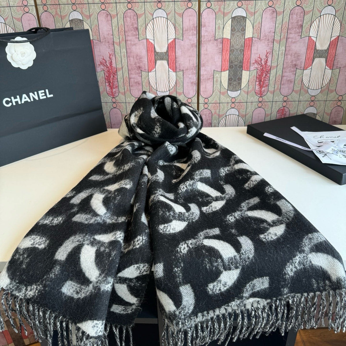 Chanel Black & White Fringed Scarf product image 1, provided for visual reference and product detail review