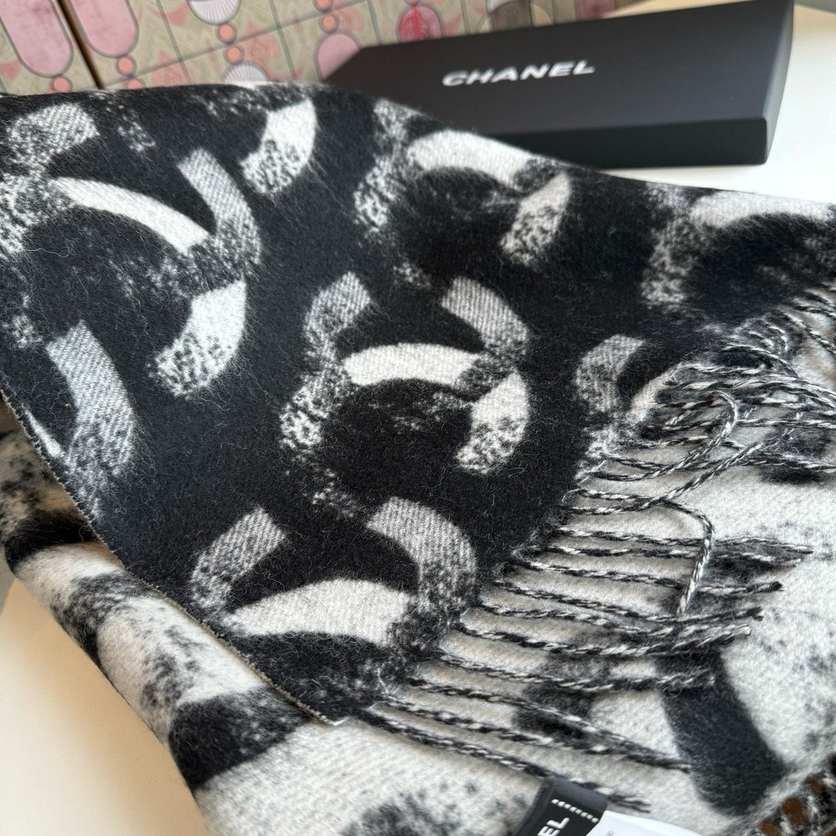 Chanel Black & White Fringed Scarf product image 8, provided for visual reference and product detail review