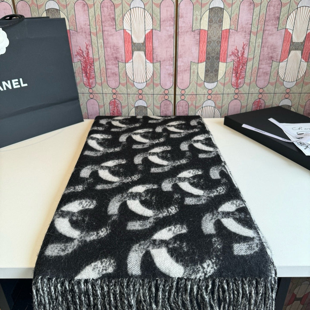 Chanel Black Fringed Patterned Scarf product image 1, provided for visual reference and product detail review