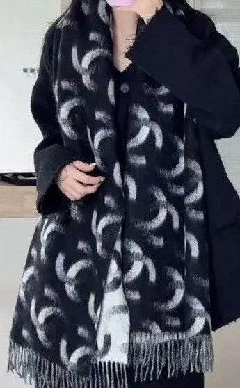 Chanel Black Fringed Patterned Scarf product image 2, provided for visual reference and product detail review