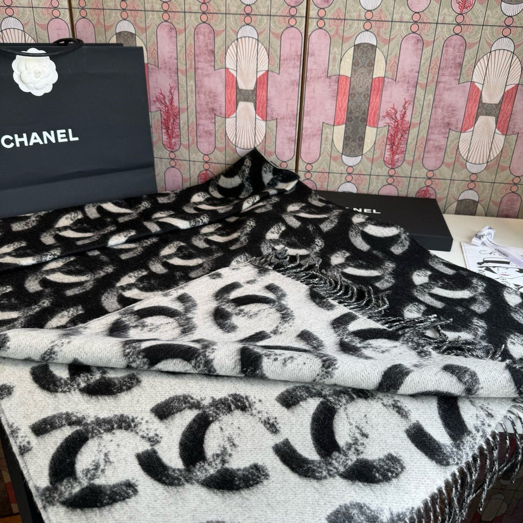 Chanel Black & White Fringed Scarf product image 4, provided for visual reference and product detail review