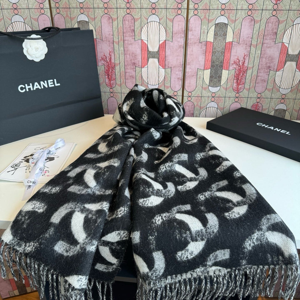 Chanel Black Fringed Patterned Scarf product image 6, provided for visual reference and product detail review