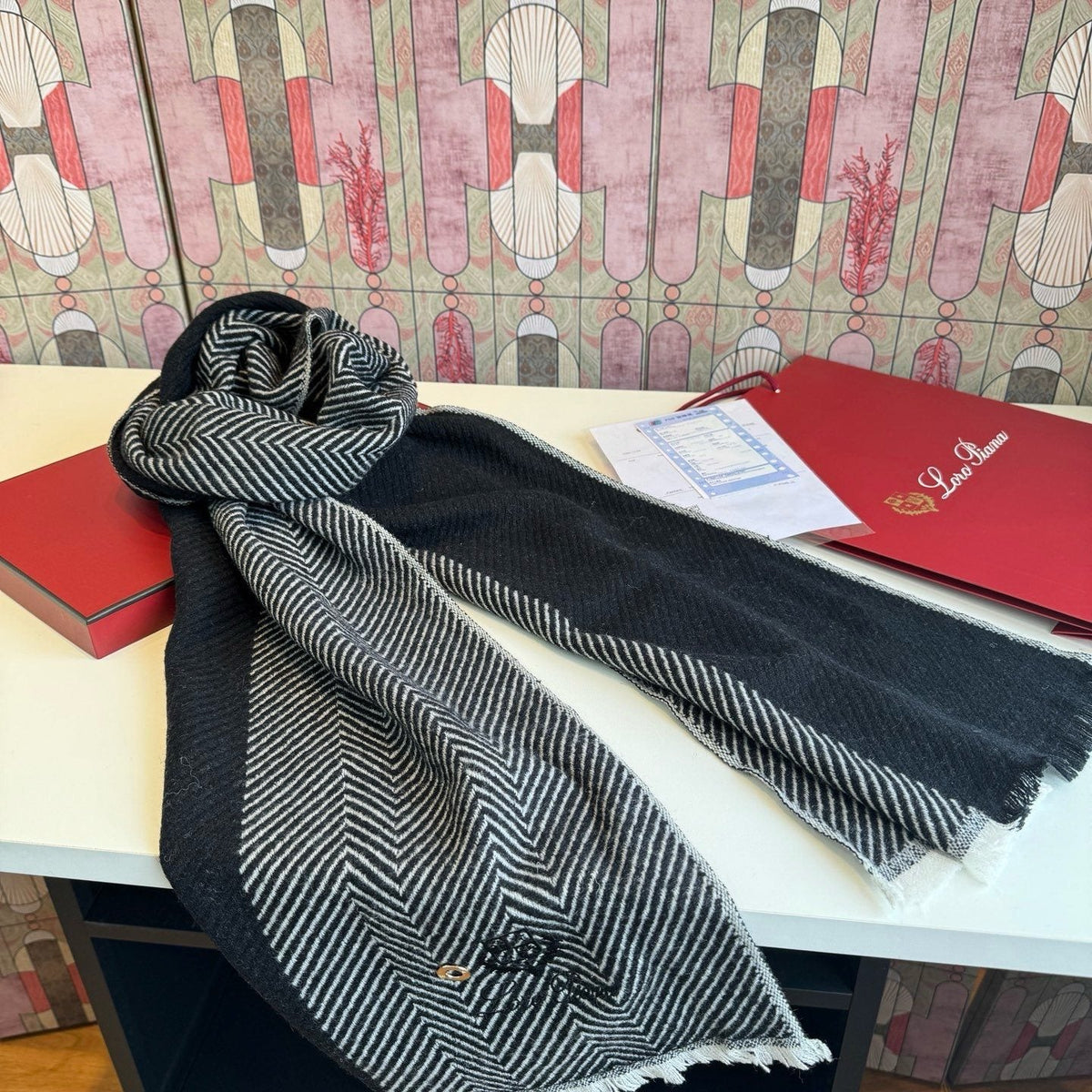 Loro Piana Herringbone Fringe Scarf product image 3, provided for visual reference and product detail review