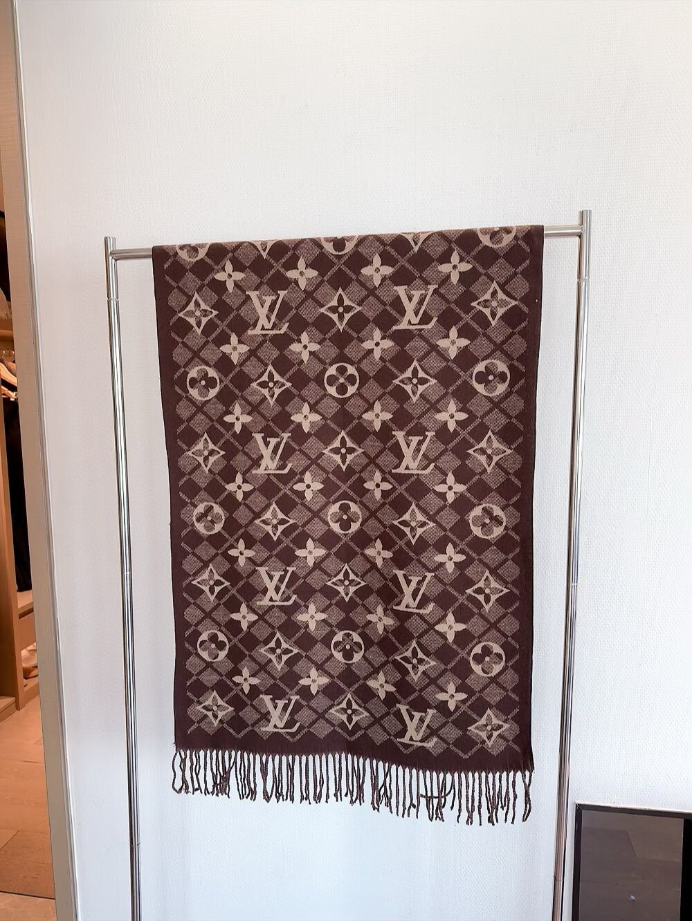 Louis Vuitton Dark Brown Fringed Patterned Scarf product image 1, provided for visual reference and product detail review