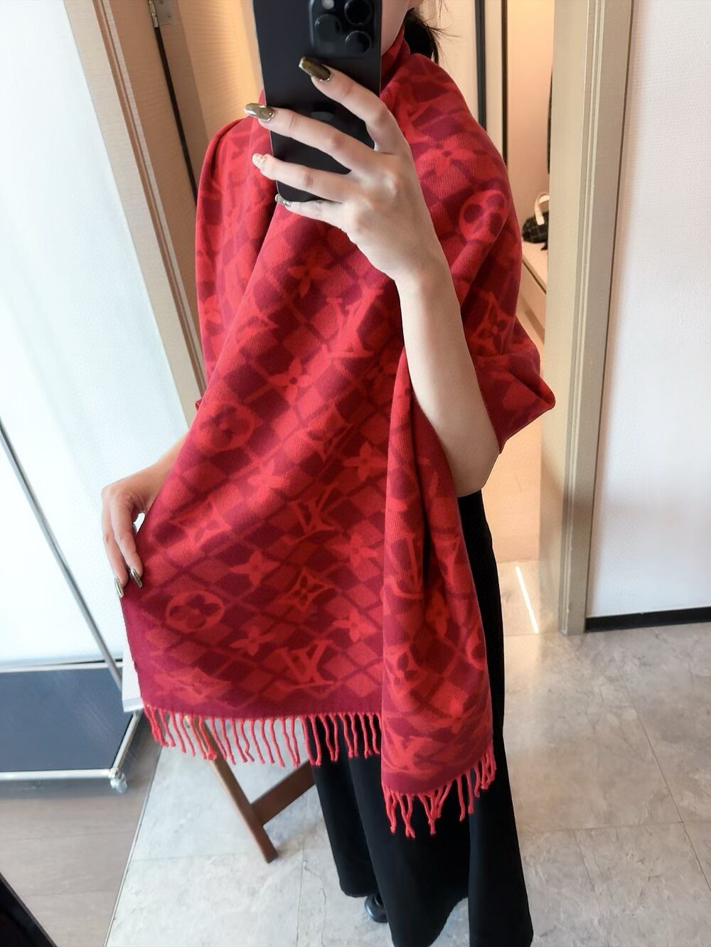 Louis Vuitton Dark Brown Fringed Patterned Scarf product image 7, provided for visual reference and product detail review