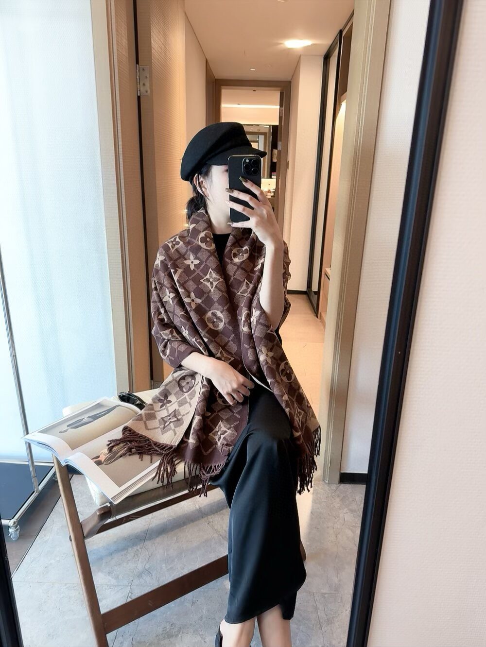 Louis Vuitton Dark Brown Fringed Patterned Scarf product image 11, provided for visual reference and product detail review