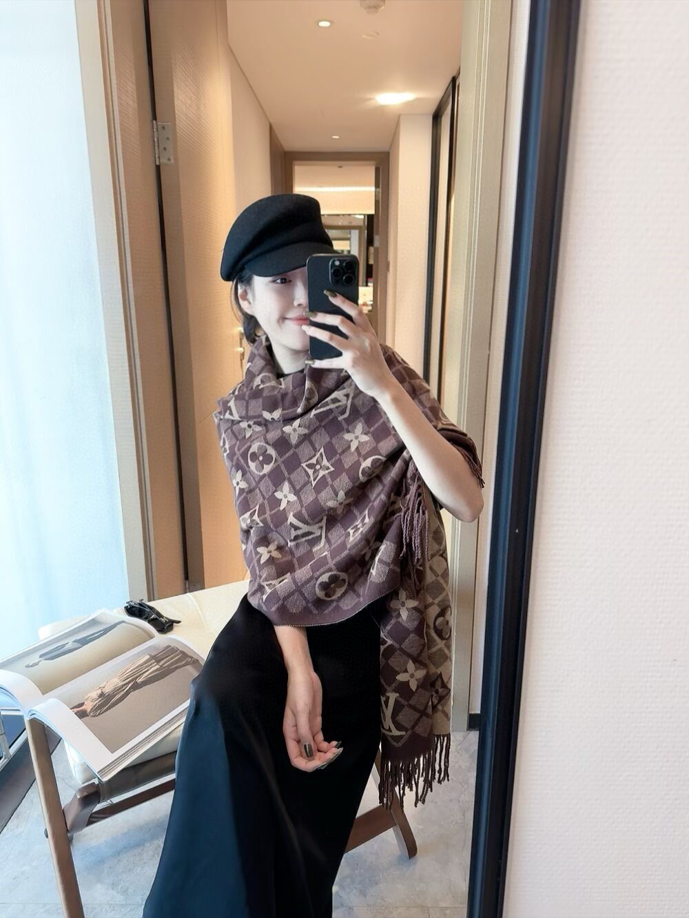 Louis Vuitton Dark Brown Fringed Patterned Scarf product image 8, provided for visual reference and product detail review