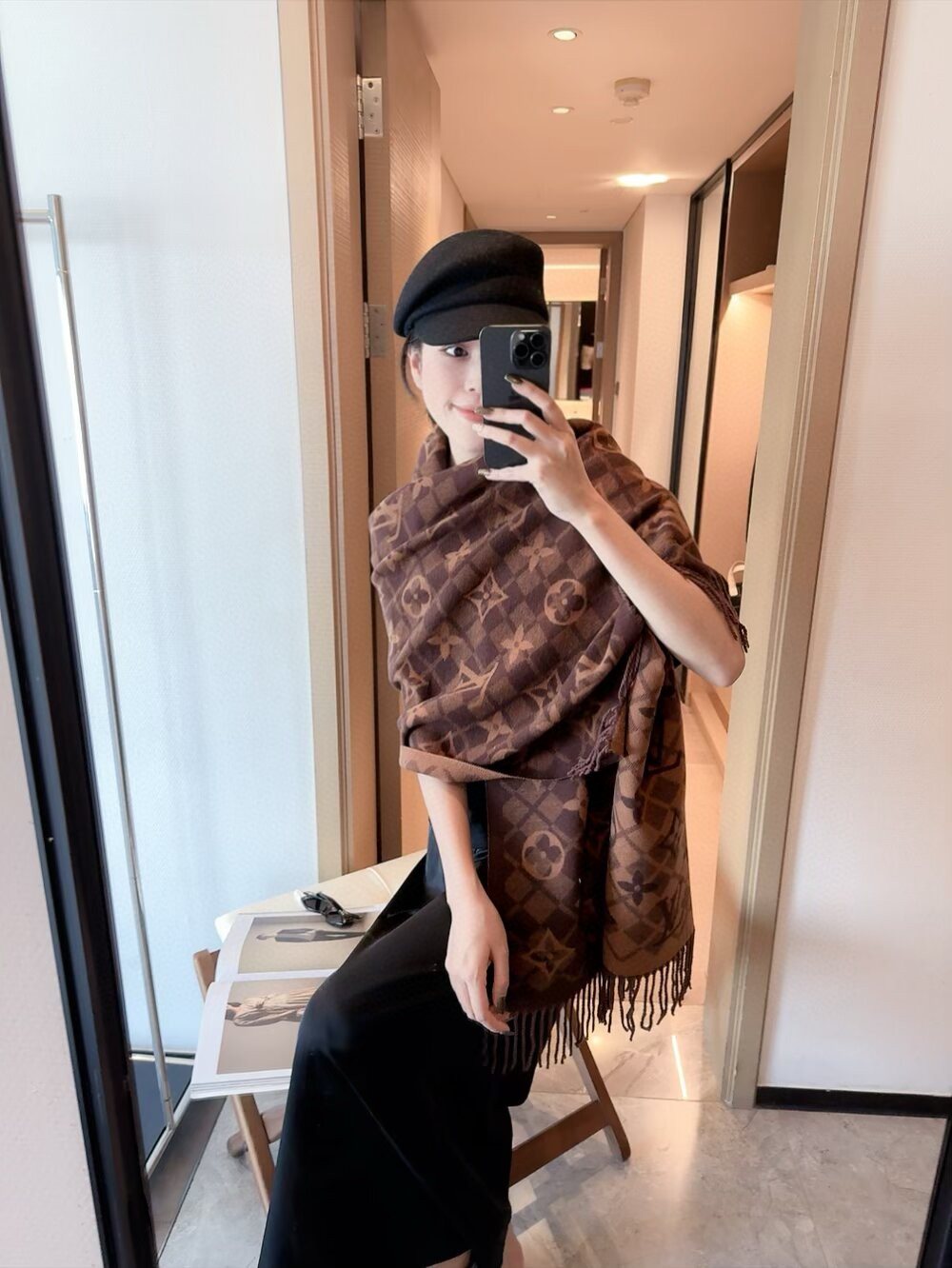 Louis Vuitton Dark Brown Fringed Patterned Scarf product image 12, provided for visual reference and product detail review