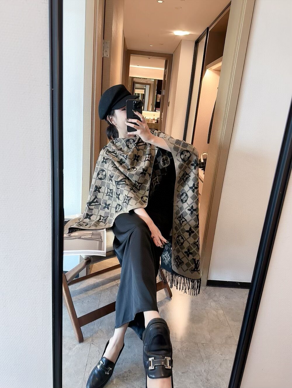 Louis Vuitton Dark Brown Fringed Patterned Scarf product image 13, provided for visual reference and product detail review