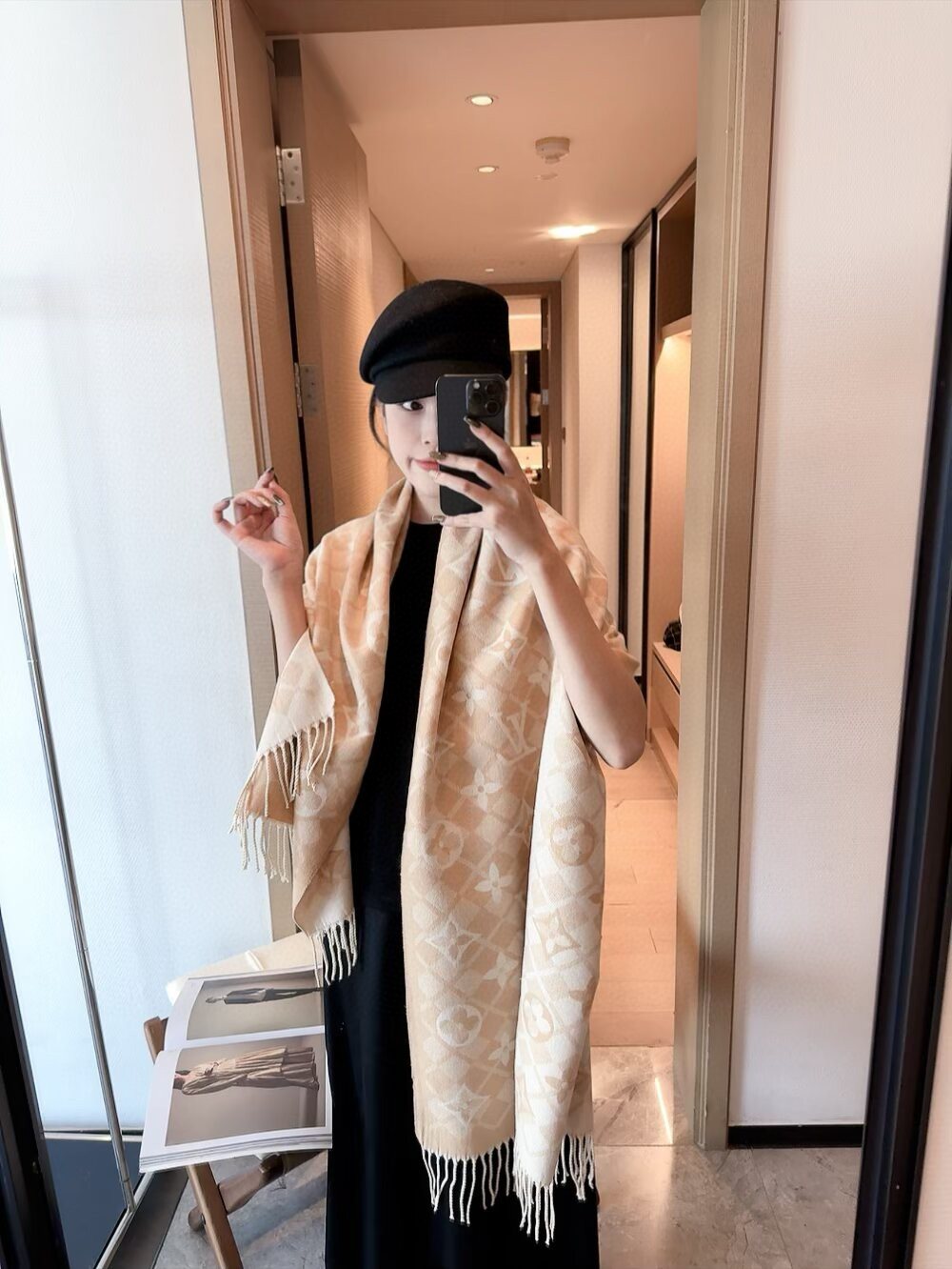 Louis Vuitton Dark Brown Fringed Patterned Scarf product image 10, provided for visual reference and product detail review