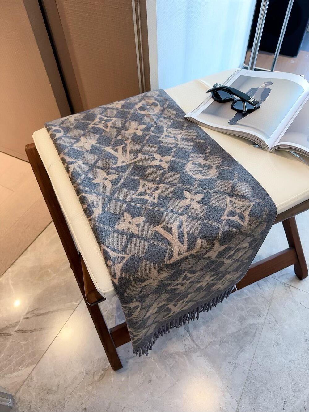 Louis Vuitton Dark Brown Fringed Patterned Scarf product image 5, provided for visual reference and product detail review