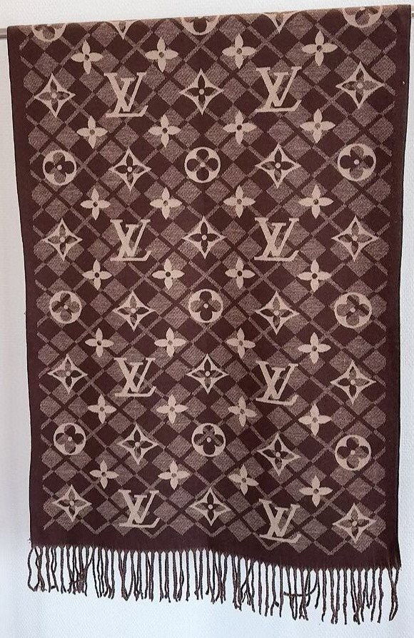 Louis Vuitton Dark Brown Fringed Patterned Scarf product image 3, provided for visual reference and product detail review