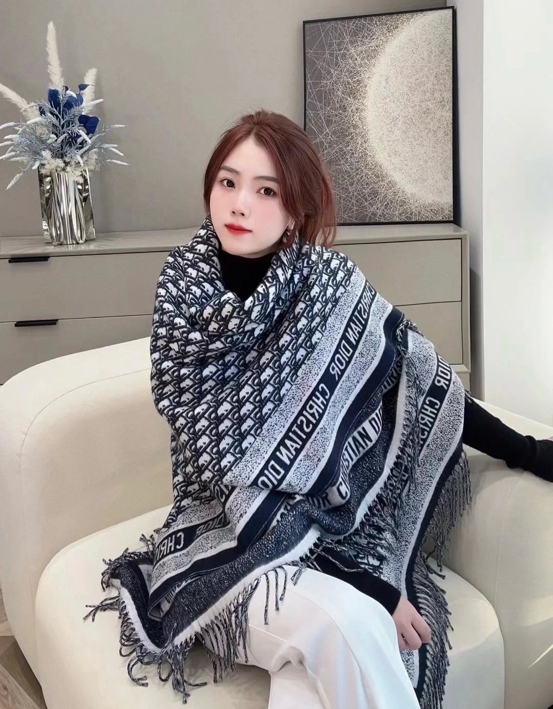 Dior Letter-Pattern Fringed Square Scarf product image 3, provided for visual reference and product detail review