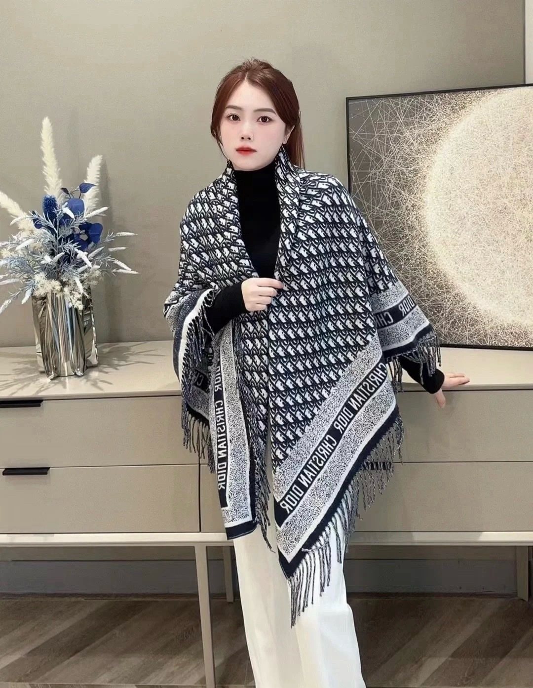 Dior Letter-Border Fringed Square Shawl product image 10, provided for visual reference and product detail review