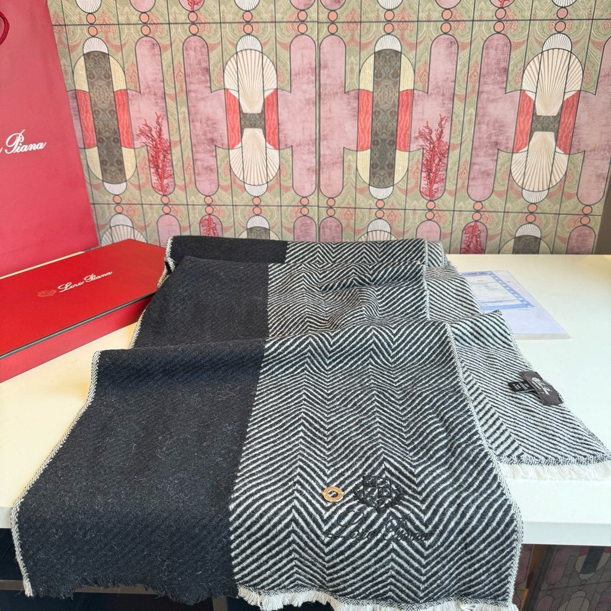 Loro Piana Black & White Herringbone Scarf product image 2, provided for visual reference and product detail review